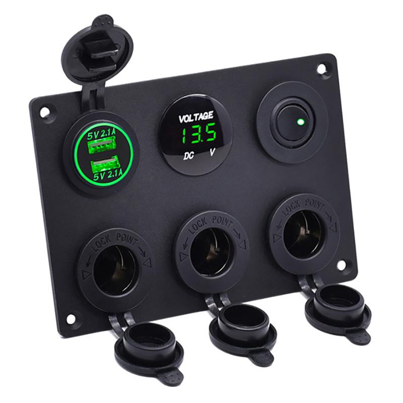 6 In 1 Aluminum Panel 12V Power Socket Power Outlet 4.2A Dual USB Charger LED Voltmeter Toggle Switch for Marine RV