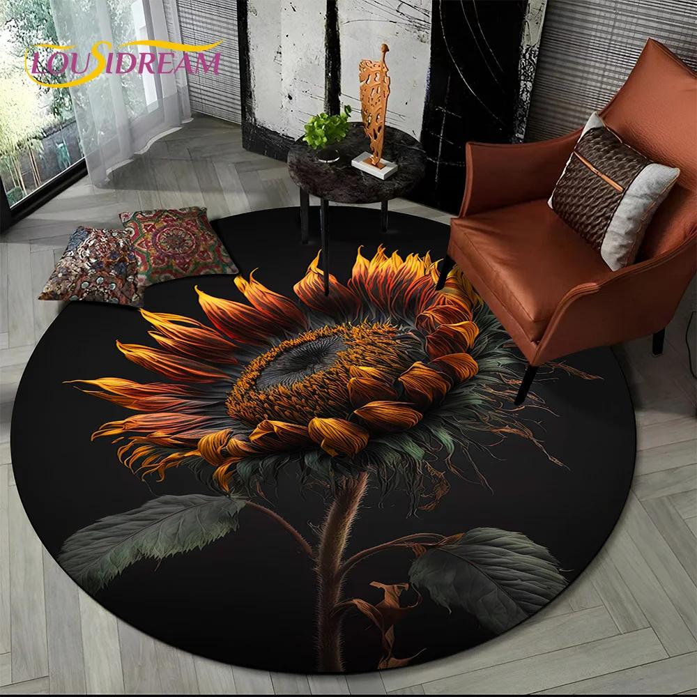 Covor rotund 3D Lux Floarea Soarelui Trandafir Nordic Margaretă pentru Decor Sofă Living Dormitor, Covor Zonă Copii Covoraș de Podea Antiderapant Cadou