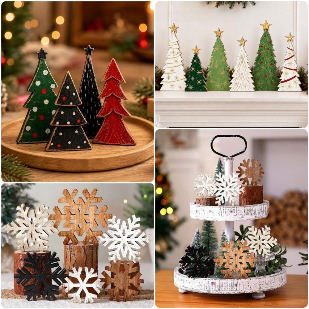 Multicolor Christmas Desktop Ornament Wood Xmas Tree Tabletop Decoration Photo Props Deer Snowflake Scene Decorative Ornaments