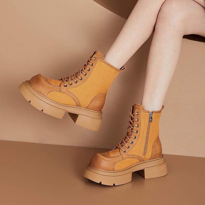 Leather Martin Boots Women's Autumn Thick-soled Canvas Locomotive Thin Rhubarb Boots Retro Casual Short Boots