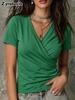 Summer New Women's T-Shirt Casual Short Sleeve Ruched V-Neck Top for Women
