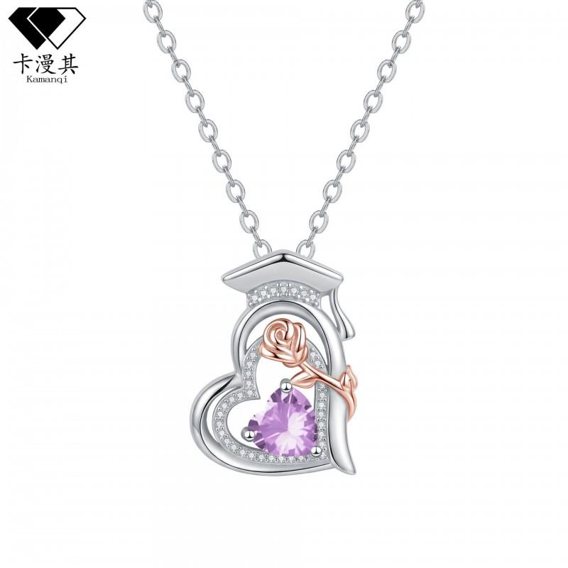 Rose Gold Plated Dual-Tone Crystal Pendant Necklace With Birthstone Women Elegant Clavicle Chain Graduation Gift