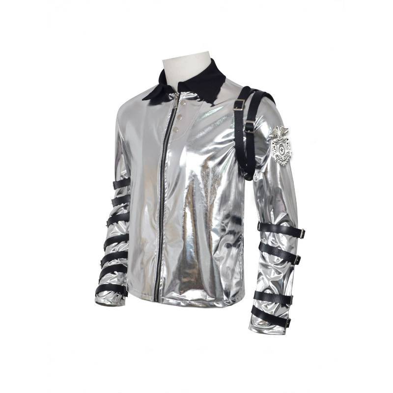 Costume en Cuir Argenté Michael Jackson Avec Veste à Manches Longues Pour Halloween Spectacle sur Scène