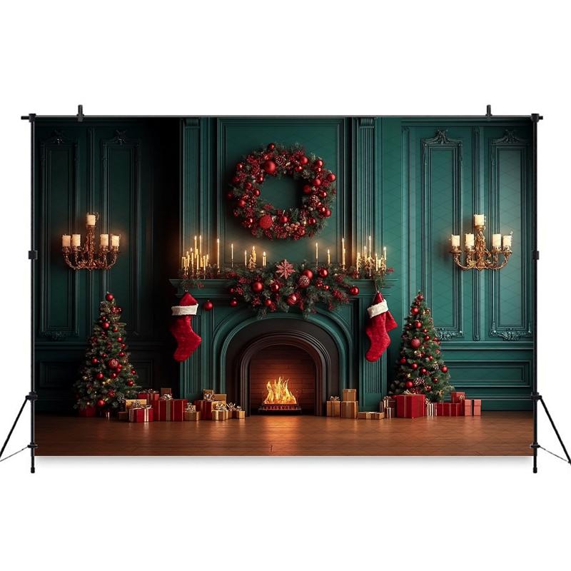 Mocsicka Christmas Photography Backgrounds Tree Decors Family Festival Party Photo Backdrops Green Wall Fireplace Pattern Banner