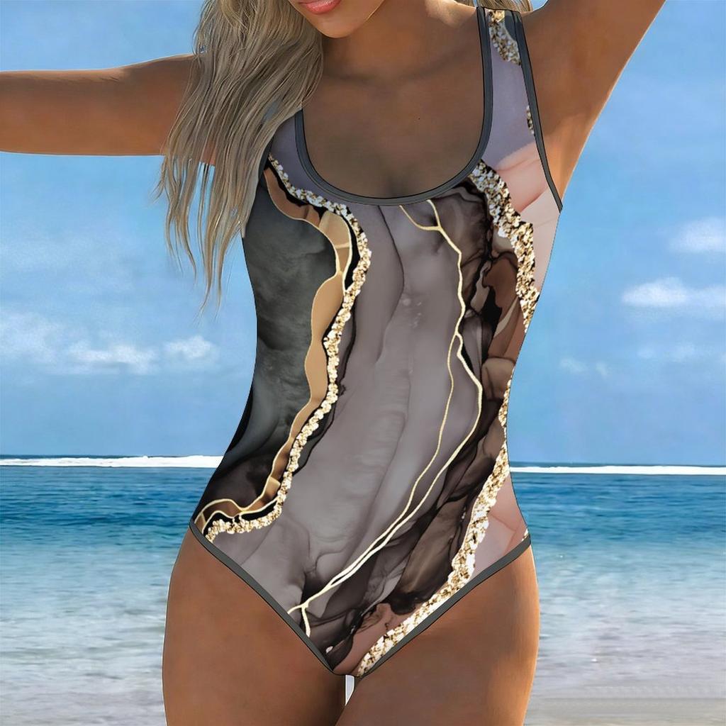 Sommer Sexy Vergoldetes Marmormuster Gedruckter Einteiler Badeanzug Schlanke Passform, Tiefes U-Rücken-Design, Strand Pool Urlaub Auffälliger Mode Badeanzug