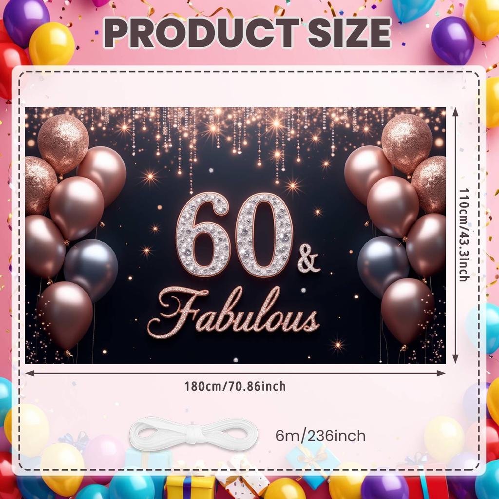 60th Birthday Banner Balloon Decor Fabulous Birthday Background 60th Celebration Banner Glitter Accents For Birthday Photo