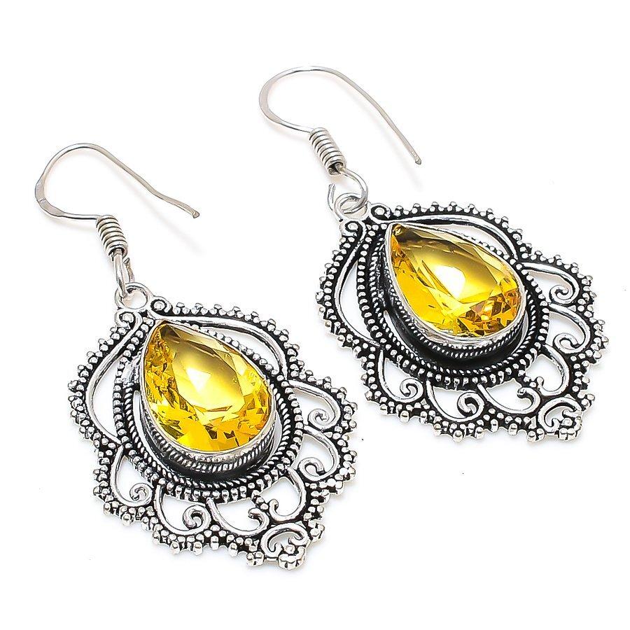 Lemon Quartz Gemstone 925 Sterling Silver Jewelry Earring 1.85 " N559