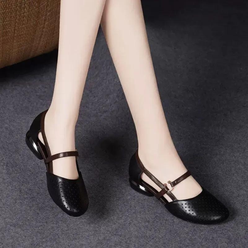 Sapatos Femininas Women Fashion 3cm Stiletto Heels for Summer Lady Casual Hollow Buckle Strap Black Office Shoes A9384