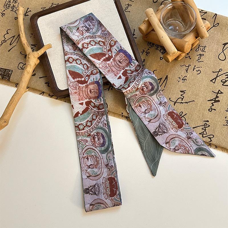 Long streamer bow tied hair retro Dunhuang oil painting silk scarf headband women tied headscarf