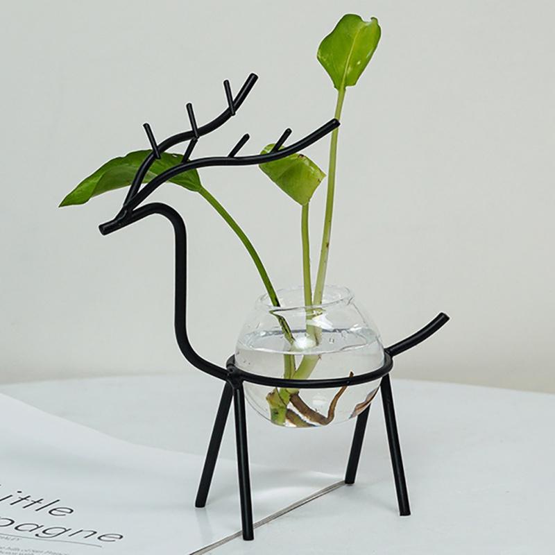 Terrarium Hydroponic Plant Vases Flower Pot Transparent Vase Iron Deer Frame Glass Fish Tank Home Tabletop Plants Bonsai Decor