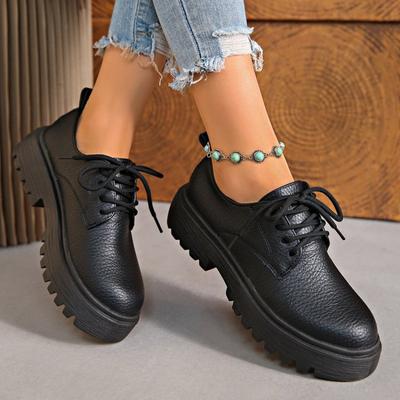 Damen Runde Zehen Schnürung Klobiger Absatz Leder Schuhe, Dicke Sohle Retro Freizeit Flats, Übergröße Herbst Schuhe