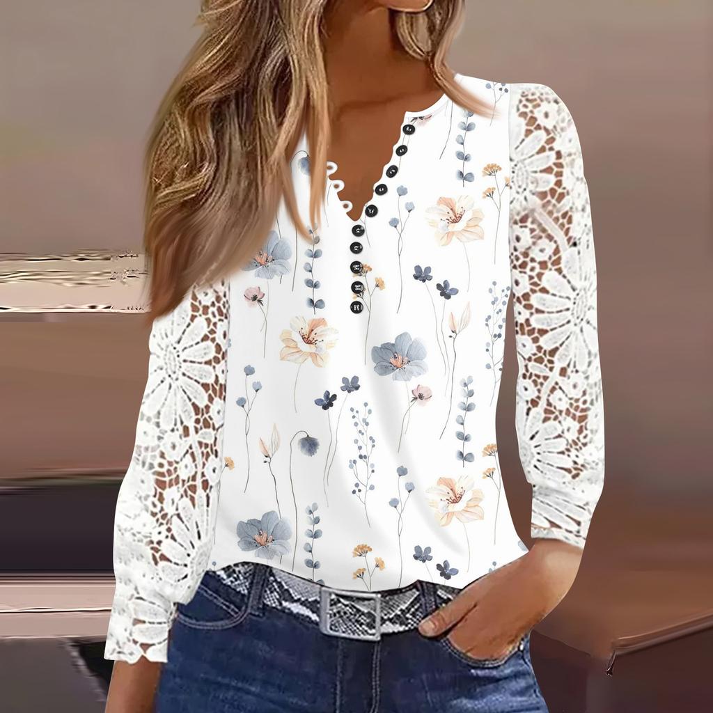 Women's T Shirt Tee Print Button Lace Long-sleeved  Daily Weekend Fashion Basic V- Neck Regular Top