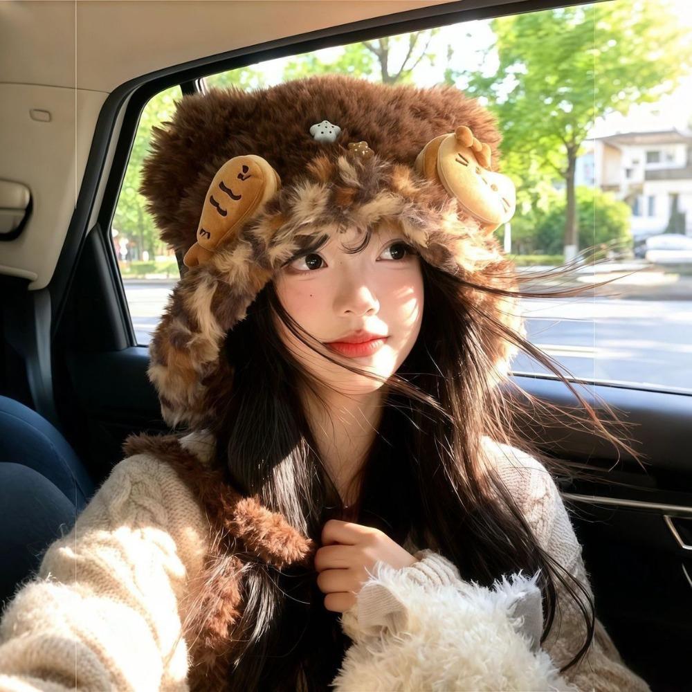Women’s Hat Plush Earflap Beanie - Autumn Winter Knit Hat - Warm Cold Weather Protection - Lei Feng Hat Style