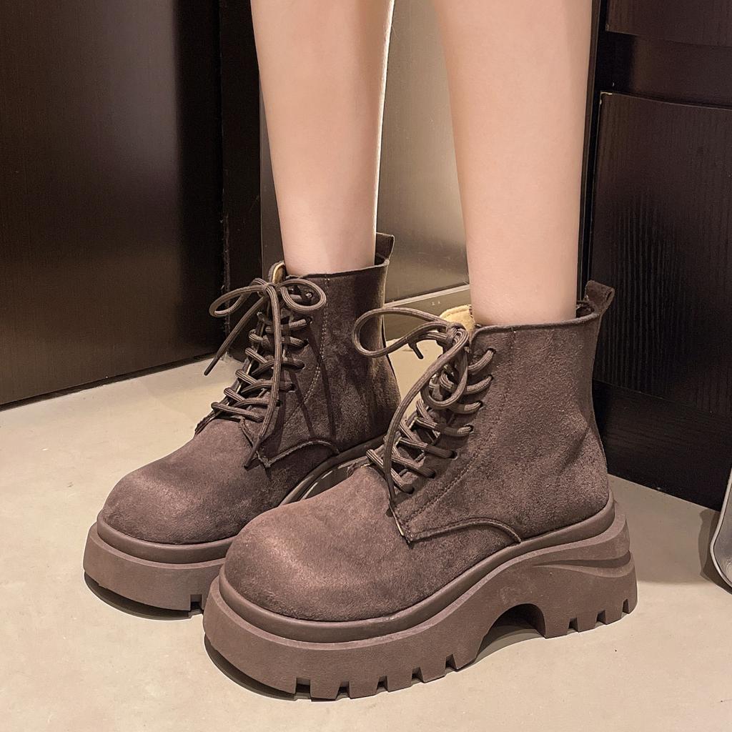 Thick-soled heightening Martin boots women's 2025 autumn new front lace-up retro locomotive boots small lace-up short boots