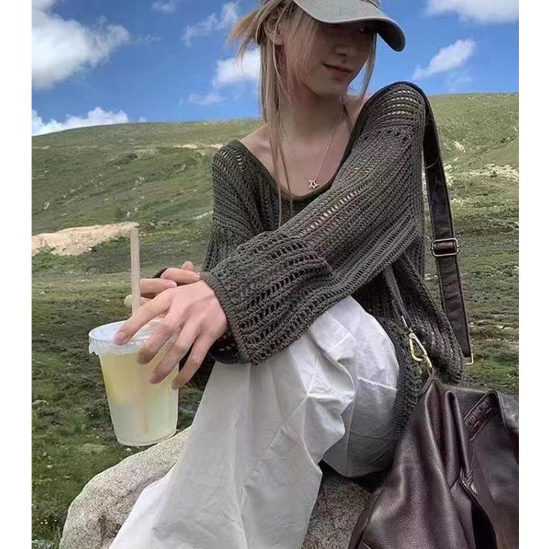 Fashion Loose Long Sleeve Hollow Out Knitted Sweater Women Casual Outer Blouse Thin Hollow Spring Summer Covers Up Long Air-conditioning Shirt Top