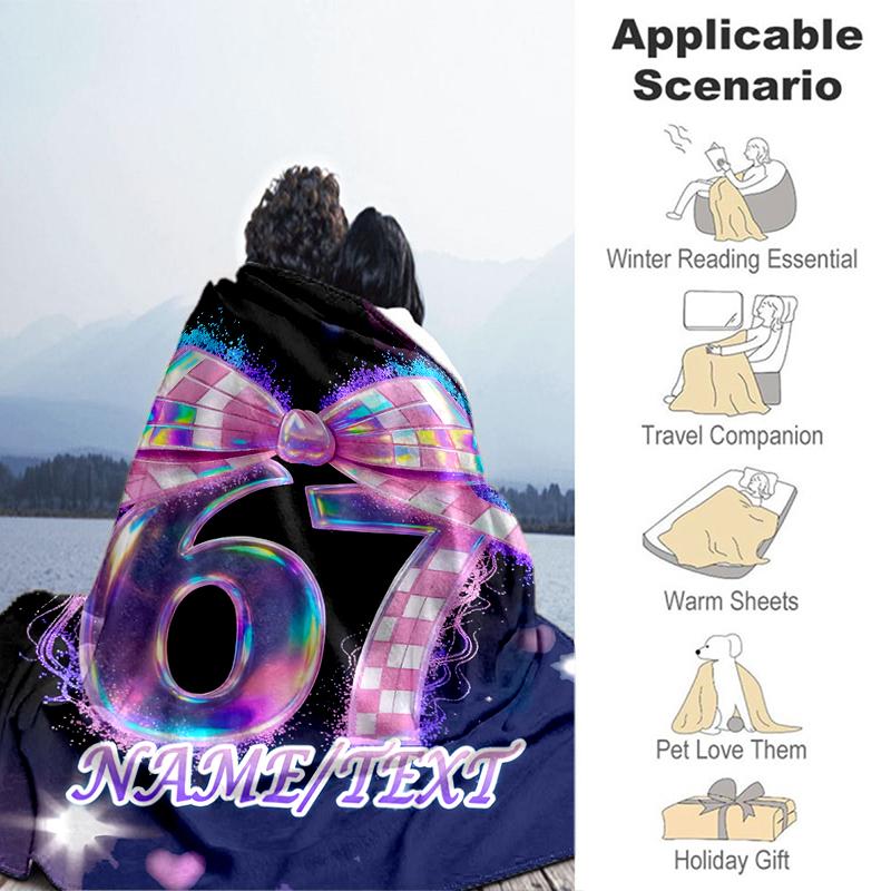 1PC Custom Name Holographic Bow Celebration Outdooor Flannel Blankets Throw Blanket All-Season Throw Gift Bedspread for Couch, Bed, Camping Holiday Bi