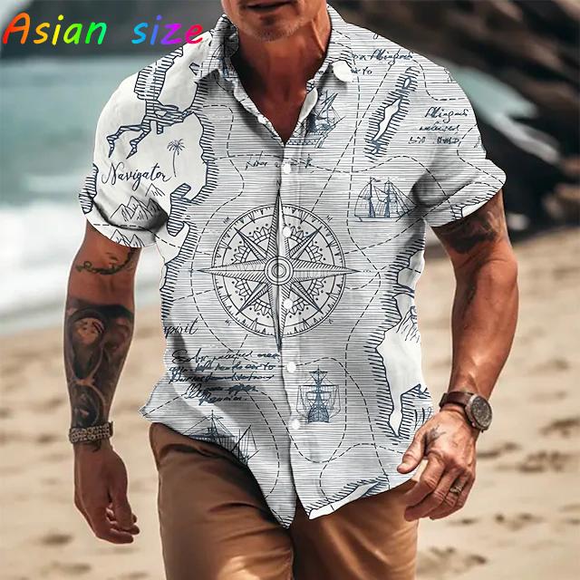 2026 Klasyczna Vintage Męska Koszula Hawajska Koszule z Łodzią Żaglową 3D Dla Mężczyzn Nadruk Kompasu Koszule Plażowe Hawaii Krótki Rękaw Bluzki 6XL