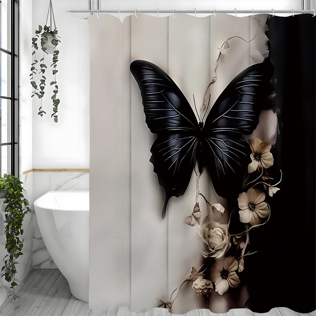Black Bow and Floral Black and White Shower Curtain, Bathroom Decorative Shower Curtain, Waterproof Shower Curtain with Hooks