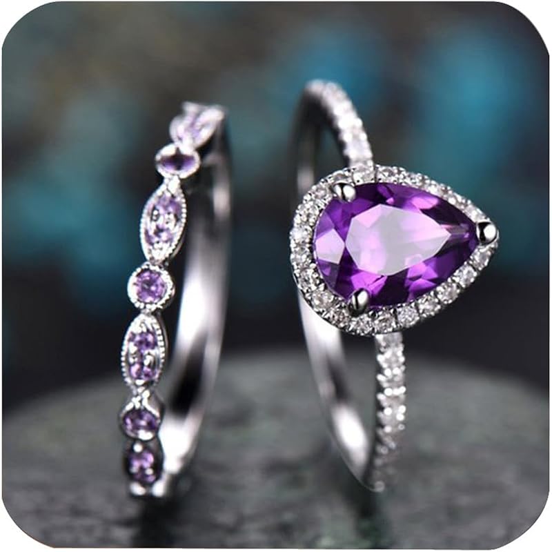 AZQ 925 Sterling Silver Shining Amethyst Ring Tear Drop Shape 3Ct Cubic Zirconia Promise Rings Set CZ Teardrop Halo Ring Eternity Engagement Wedding US Code 10
