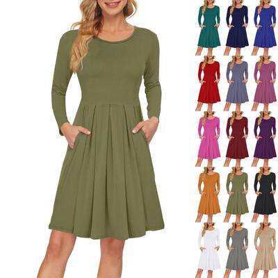 Women's Long Sleeve Dress Pleated Loose Swing Casual Dress With Pockets Knee Length Dresses