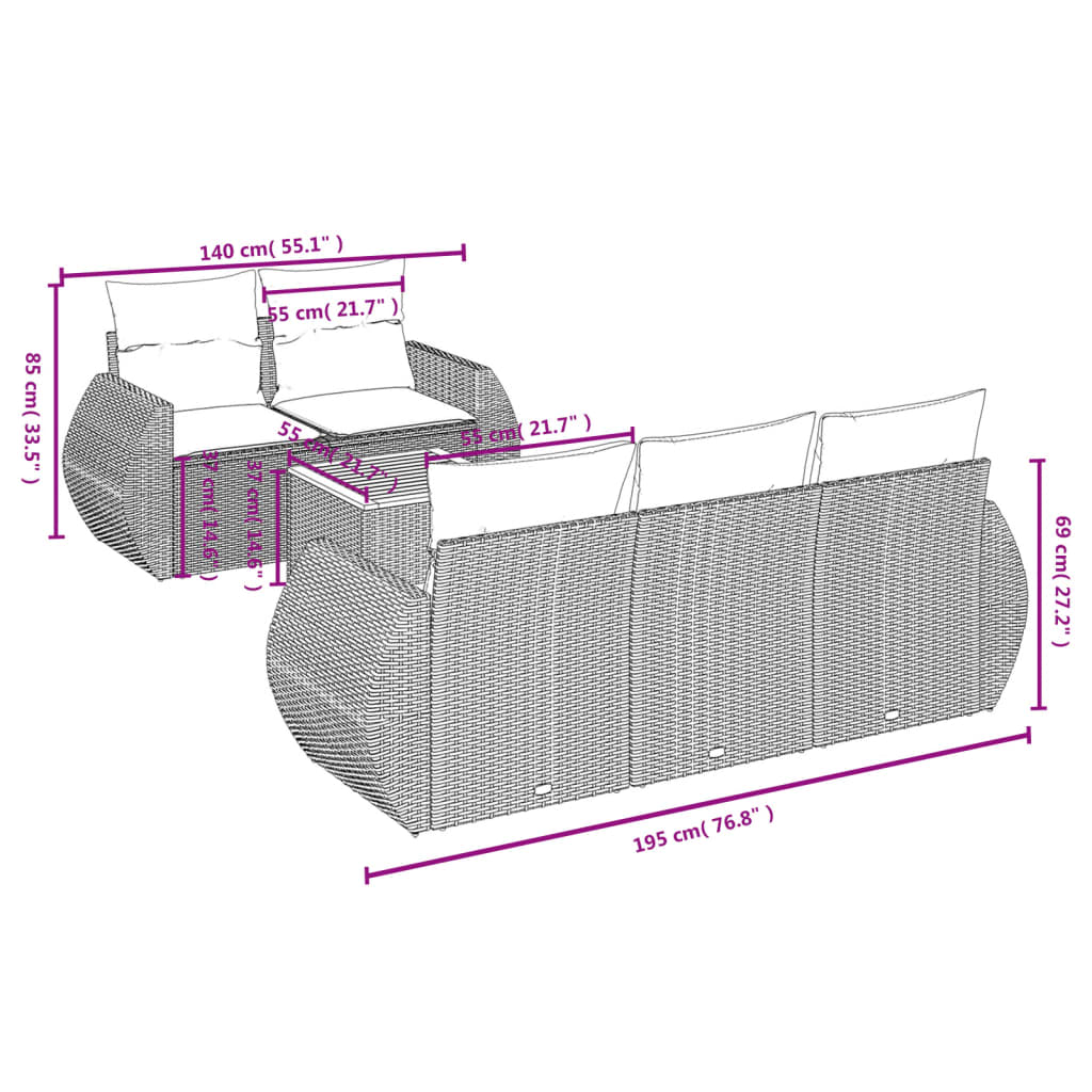 Vidaxl 6-Cz. Gartenmöbel-Set mit Kissen, Beige, Polyrattan