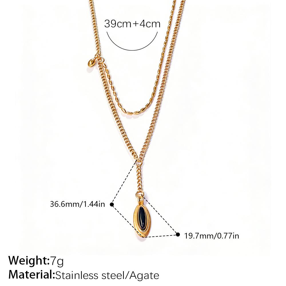 Vintage Stacked Wind Double-Layer Oval Black Agate Pendant Necklace Gold-Plated Square Black Zirconium Collarbone Chain