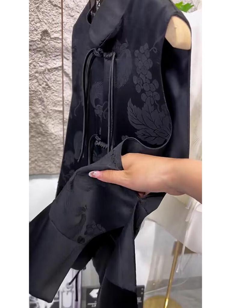 Damen Retro Satin Print Tang Anzug Weste mit Quasten