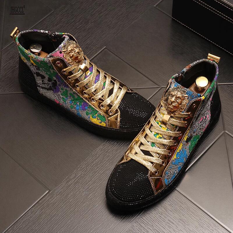 Fashion European fashion rhinestone sequin men's high top new network red shoes Korean version breathable high top board shoes