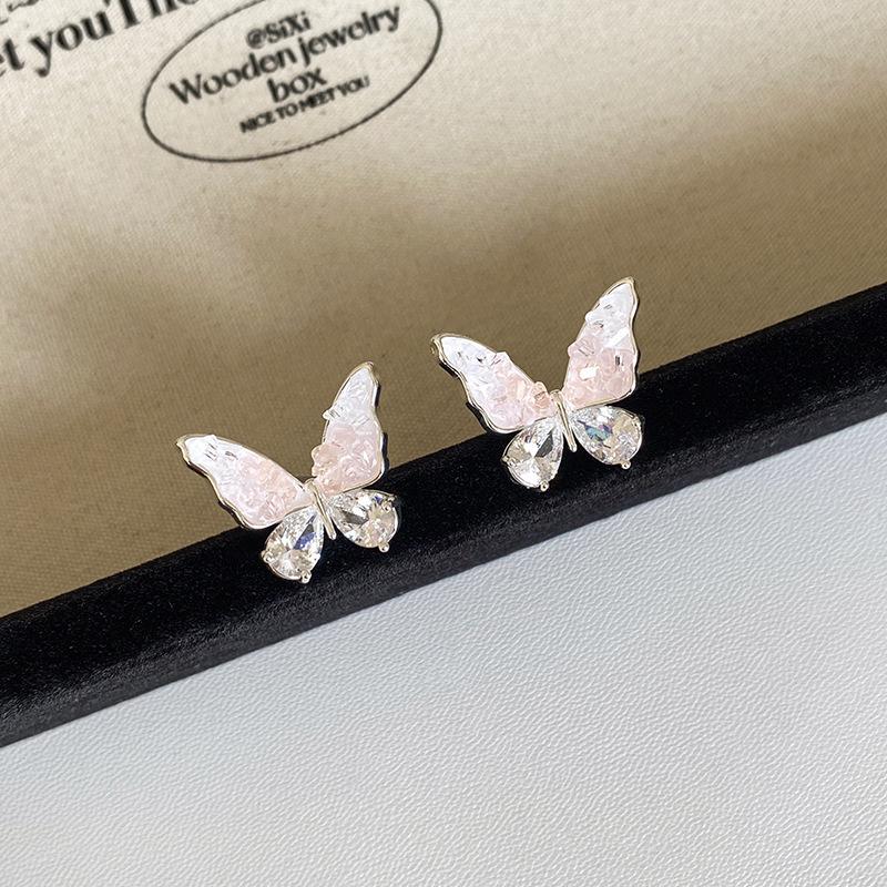 French Gradient Crystal Blue Butterfly Earrings - Elegant S925 Silver Needle Fairy Design