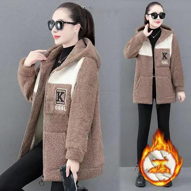 

Толстая флисовая верхняя одежда корейского производства, большой размер, свободная женская куртка с капюшоном из овечьей шерсти, женская куртка на осень-зиму S чёрный