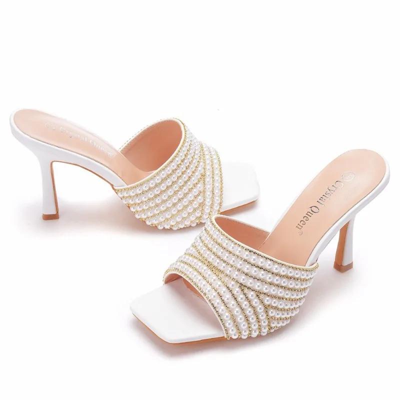 Fashion Summer Pearl Water Diamond 9cm Square Head High Heel Slippers Fashion Fish Mouth Wine Glasses Temperament Beaded Shallow Sandals
