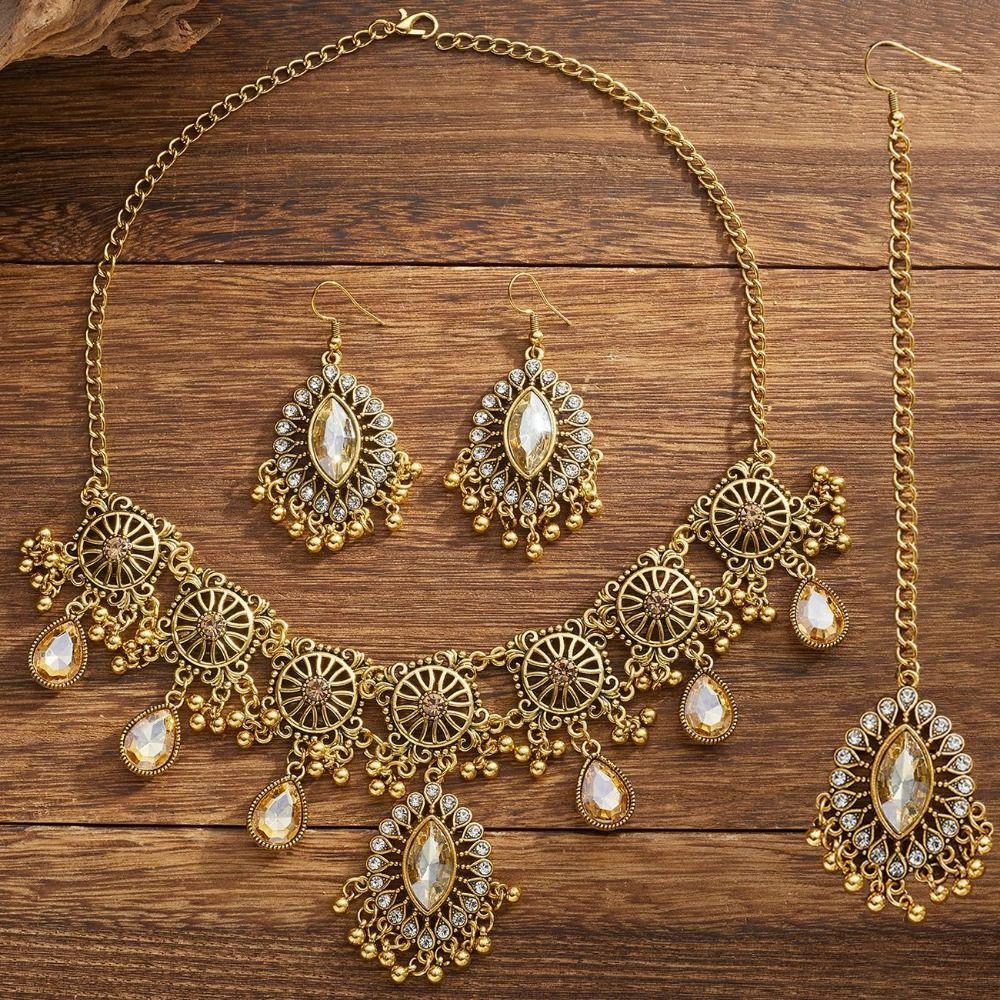 Rhinestone Inlaid Necklace Earrings Set Hollowed Out Forehead Ornament  Bridal