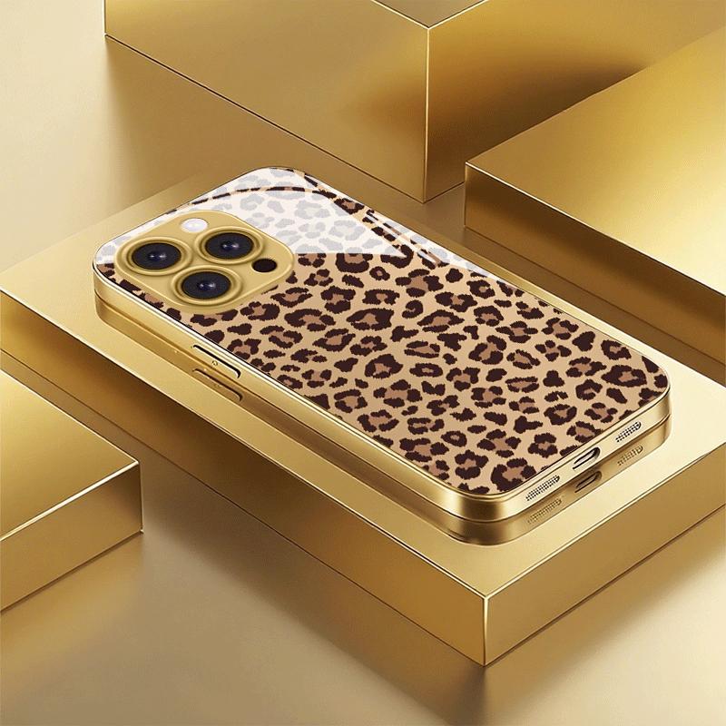 Leopard print metal paint tempered glass phone case suitable for iPhone17 16 15 14 13 12 11Pro Max Plus anti drop and shockproof