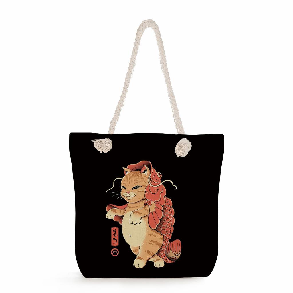 Samurai Cat Print Thick Rope Single-shoulder Beach Bag 7235
