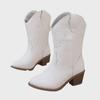 Weiße, bestickte, unregelmäßige Slip-On-Ritterstiefel mit dickem Absatz und runder Zehenpartie – vielseitige und elegante Mode für Damen