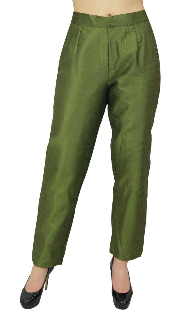 Phagun Women's Beige Dupion Pants High Waist Narrow Bottom Trousers-Large