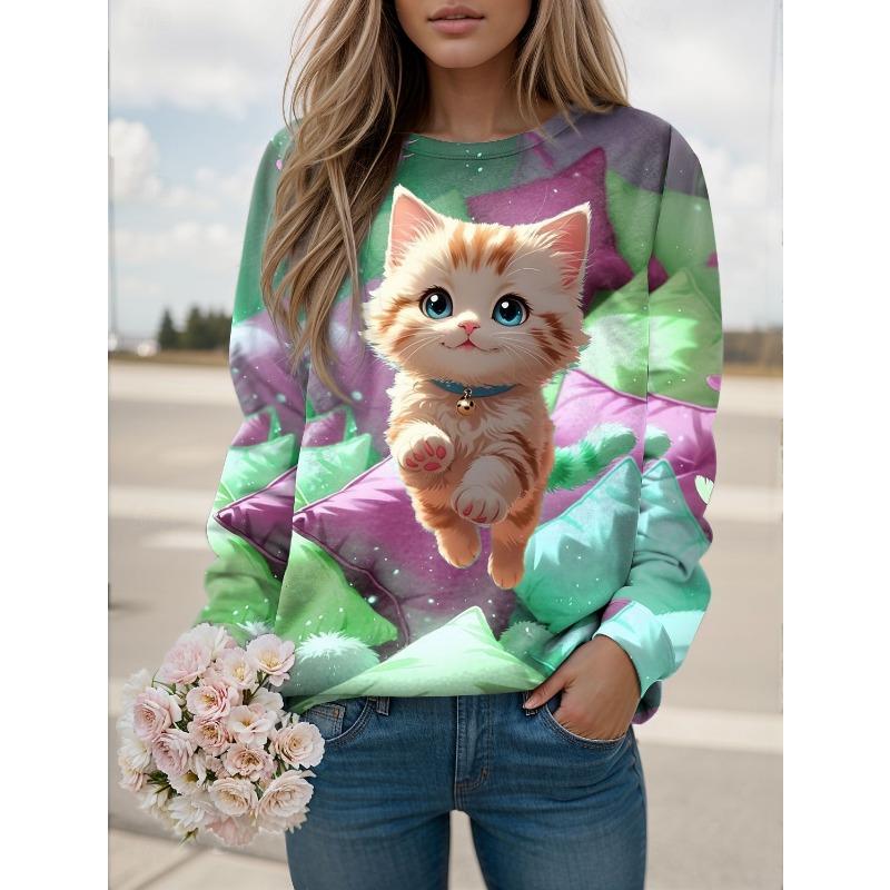 2025 Fashion Women's Cute Cat Graphic Sweatshirt 3D Printed O-Neck Long Sleeve Tops Women's Apparel Y2K Streetwear Fall Pullover