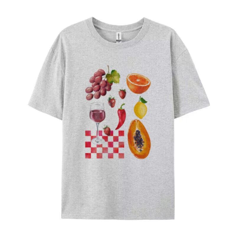 Vintage Cute Fruit Wine Printed Graphic Tees Women Oversized Y2k Aesthetic Foodie TShirts Grunge Streetwear Top FeUnisex Clothing