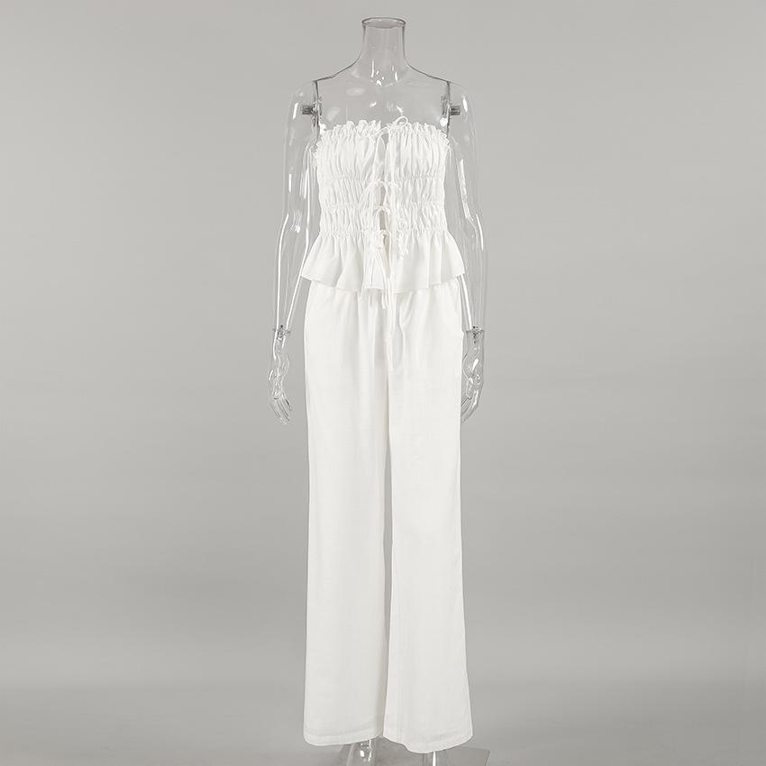 Elegant Solid Color Cotton Linen Two Pieces Set High Street Women Sexy Crop Top+Wide Leg Pants Suit Female 2 Piece Trousers Sets