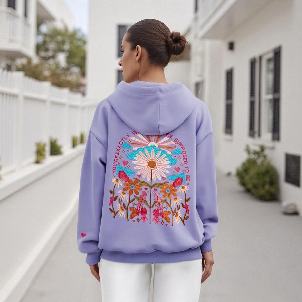 STREETRICH Women's Y2K Floral Letter Embroidered Hooded Pullover Cozy Stylish Long Sleeve Loose Sweatshirts with Kangaroo Pocket