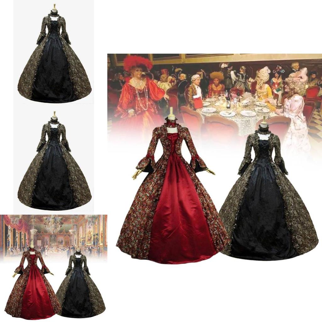 Court Victoria Dress Long Sleeved Flared Print Skirt Cosplay Costume Halloween