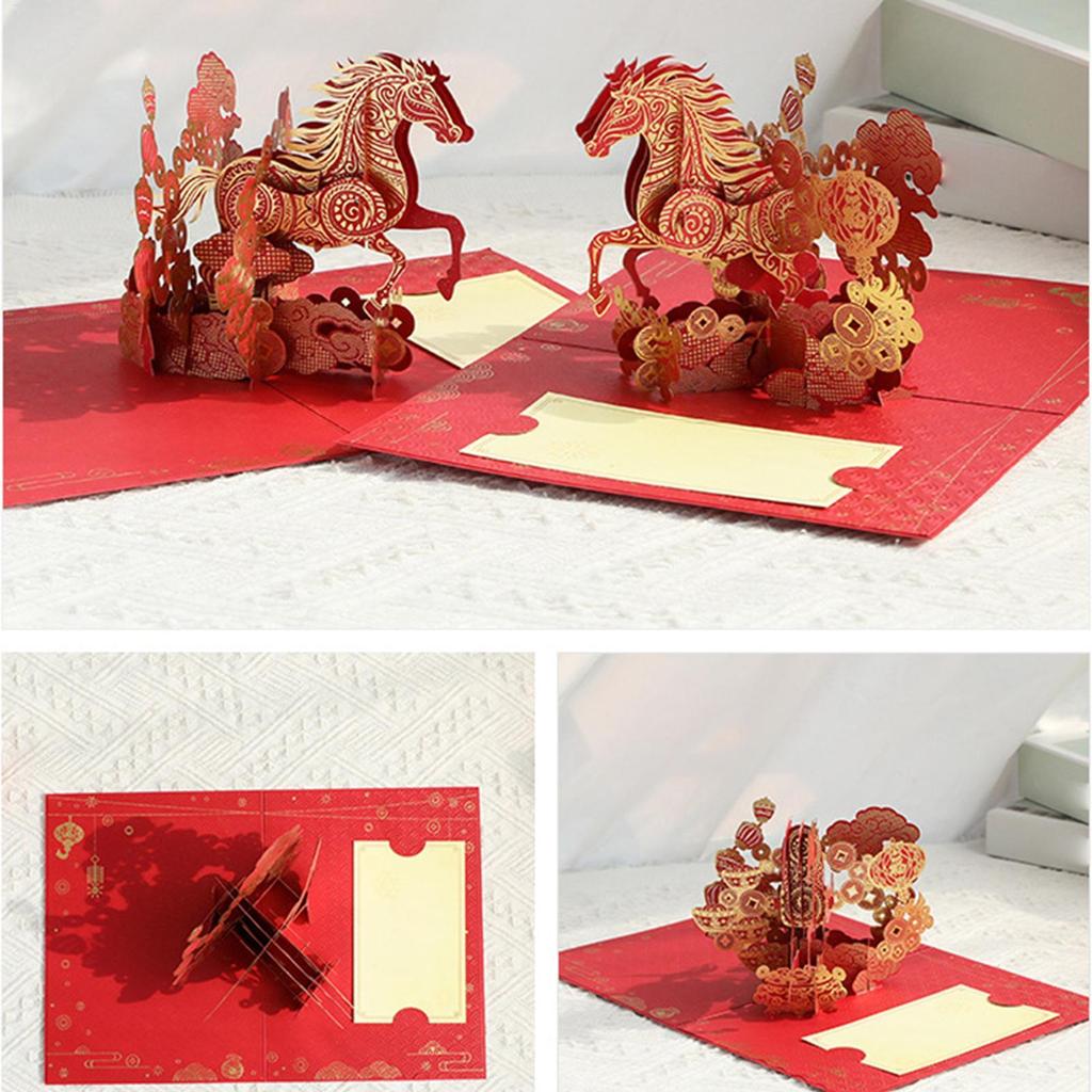 2026 Chinese New Year Retro Metallic Red Gold Foil Greeting Card Year Of The Horse 3D Greeting Card Gold Foil Festival Gift Card