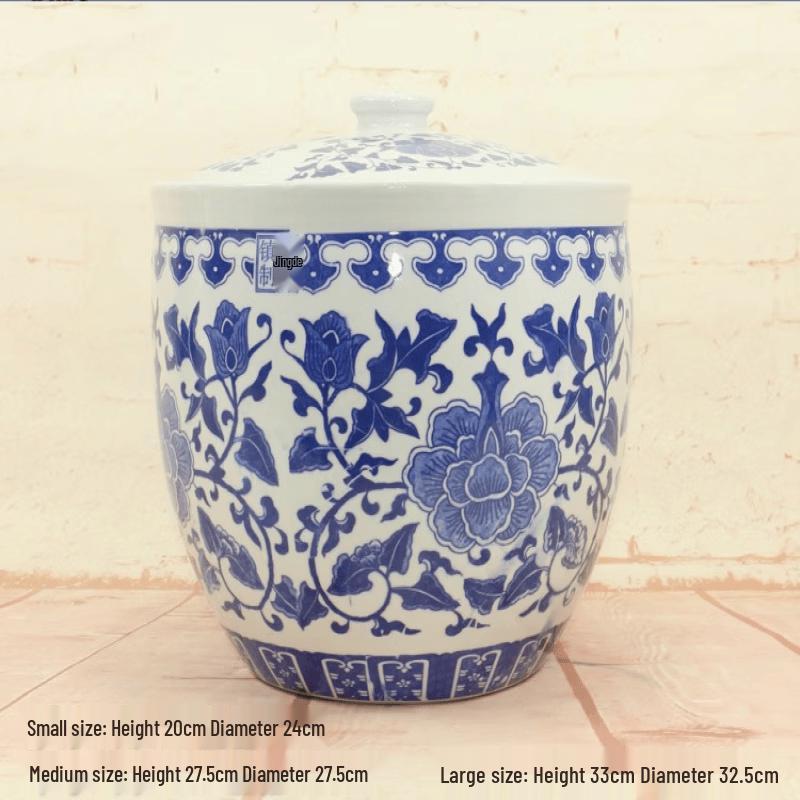 Blue and White Ceramic Rice Jar with Lid