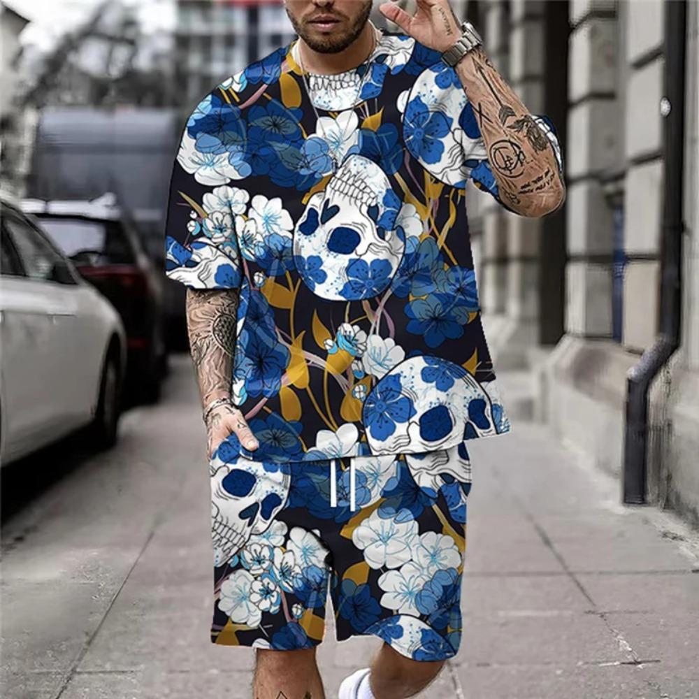 Summer New Casual Men's Skull Print T-Shirt Set Fashion Streetwear Tees Loose Oversized Breathable Soft Short Sleeves And Shorts
