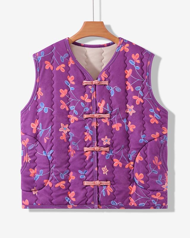 Women's Plus Size Floral Fleece-Lined Cotton Vest - Sleeveless, Thick, Warm Jacket for Middle-Aged and Elderly