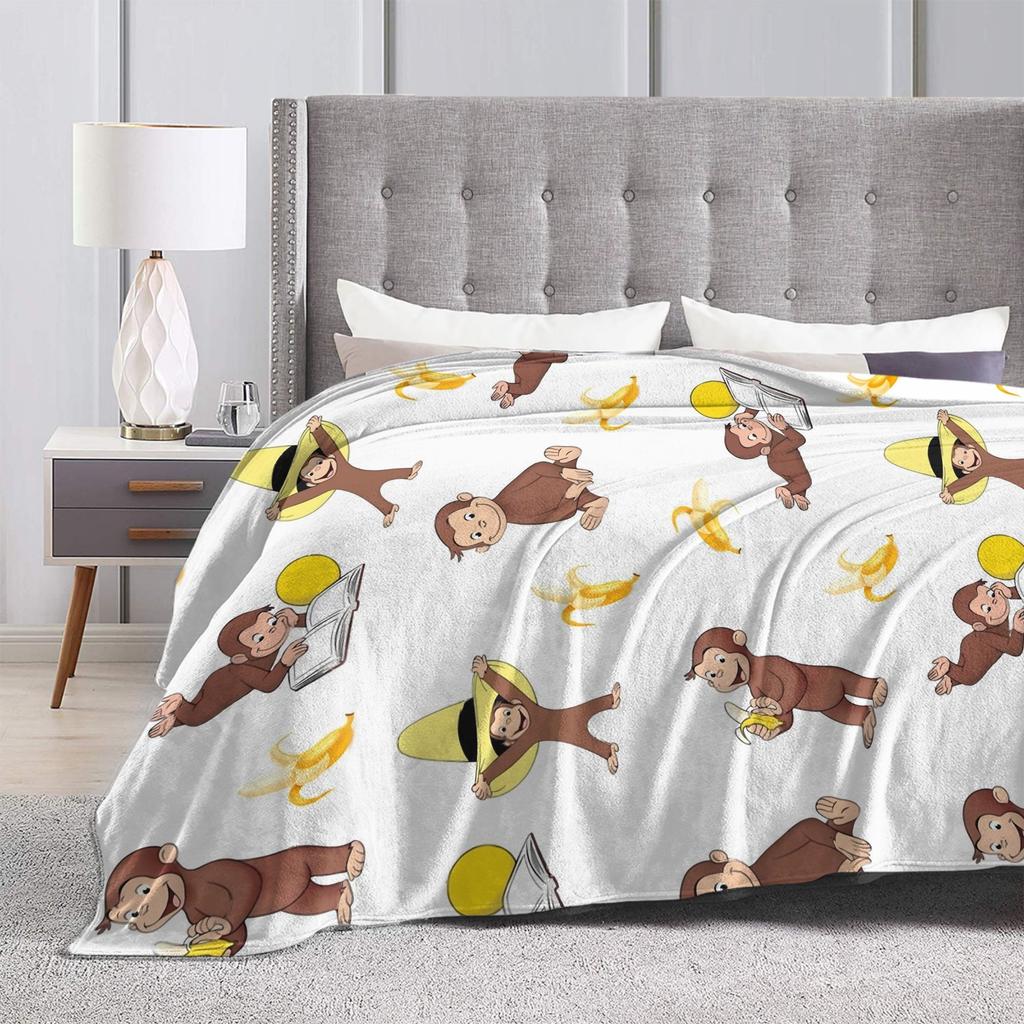 George the Curious Monkey Banana Cartoon Blanket Soft Plush Throw Blanket For Couch Chair Travel Flannel Bedspread Bed Cover