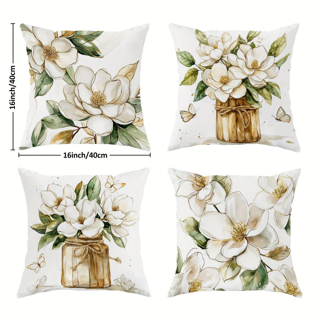4Pcs Spring Summer Magnolia Butterfly Glass Jar Throw Pillow Covers Farmhouse Rustic Floral Green White Brown Cozy Soft Decorati