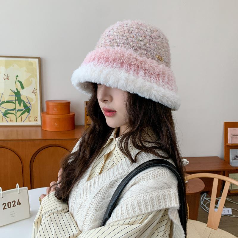 Autumn and winter knitted color matching basin hat, femininity, simple and elegant, high-end bucket hat, warm and cold-proof, small wool hat