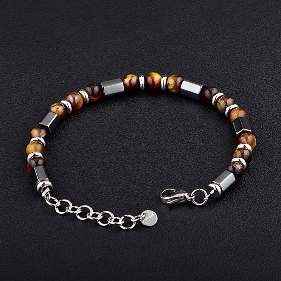 Bohemian Style Men's Stainless Steel Bracelet with Natural Tiger Eye Stone Beads - Fashionable Geometric Design Accessory