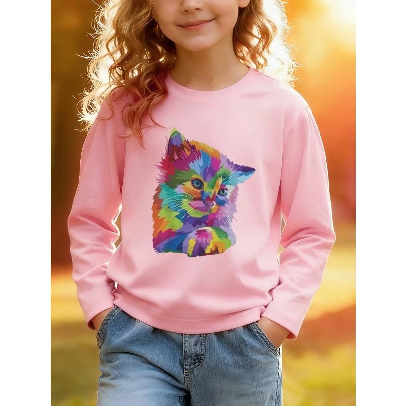 European sizes Kids' Long Sleeve Top, Fashion Kids' Long Sleeve T-Shirt, Colorful Cat Print Top, Cute Top, Suitable for Daily Casual